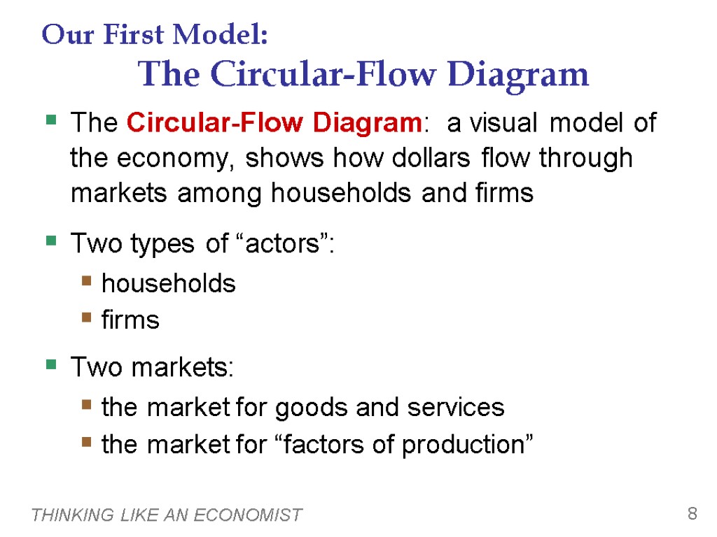 THINKING LIKE AN ECONOMIST 8 Our First Model: The Circular-Flow Diagram The Circular-Flow Diagram: